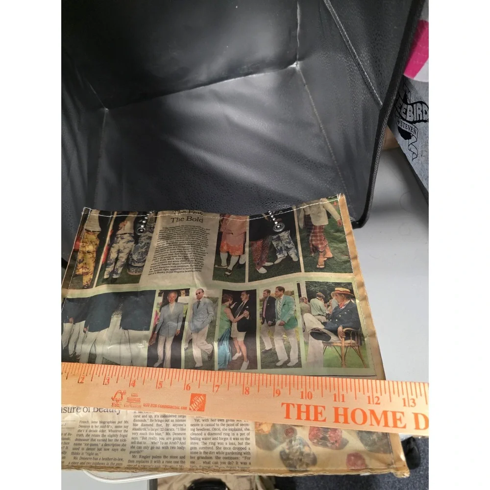 Vintage Y2K Newspaper Print Coated Tote Bag Silver Ball Chain Handle Shopper